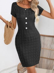 Decorative Button Round Neck Short Sleeve Sweater Mini Dress