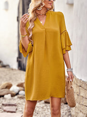 Solid Color Loose V Neck Mini Dress