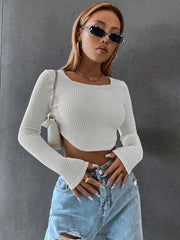 Sexy Zip Knit Cropped Round Collar Long Sleeve T-Shirts