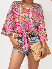 Tie Hem V-Neck Three-Quarter Sleeve Blouse