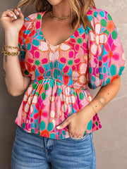 Printed V-Neck Babydoll Blouse