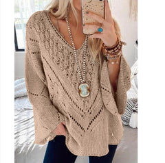 Solid Color Cutout V-Neck Flared Sleeve Knit Sweater