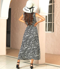 Fashion Stripe print Stand collar Sleeveless Lacing Maxi Dresses