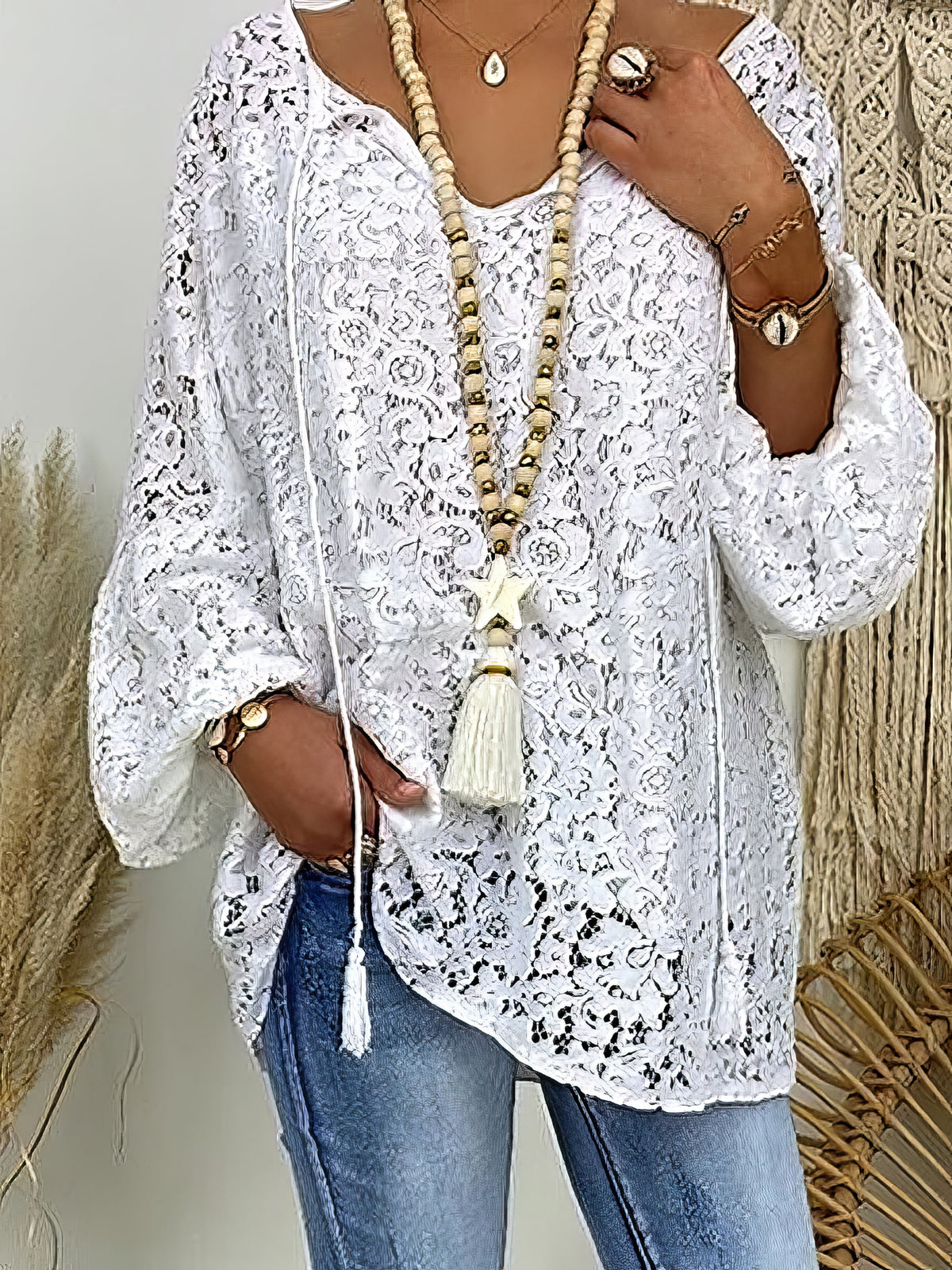 Floral Lace Long Sleeve Daily Vacation  Elegant Casual V Neck  Blouse