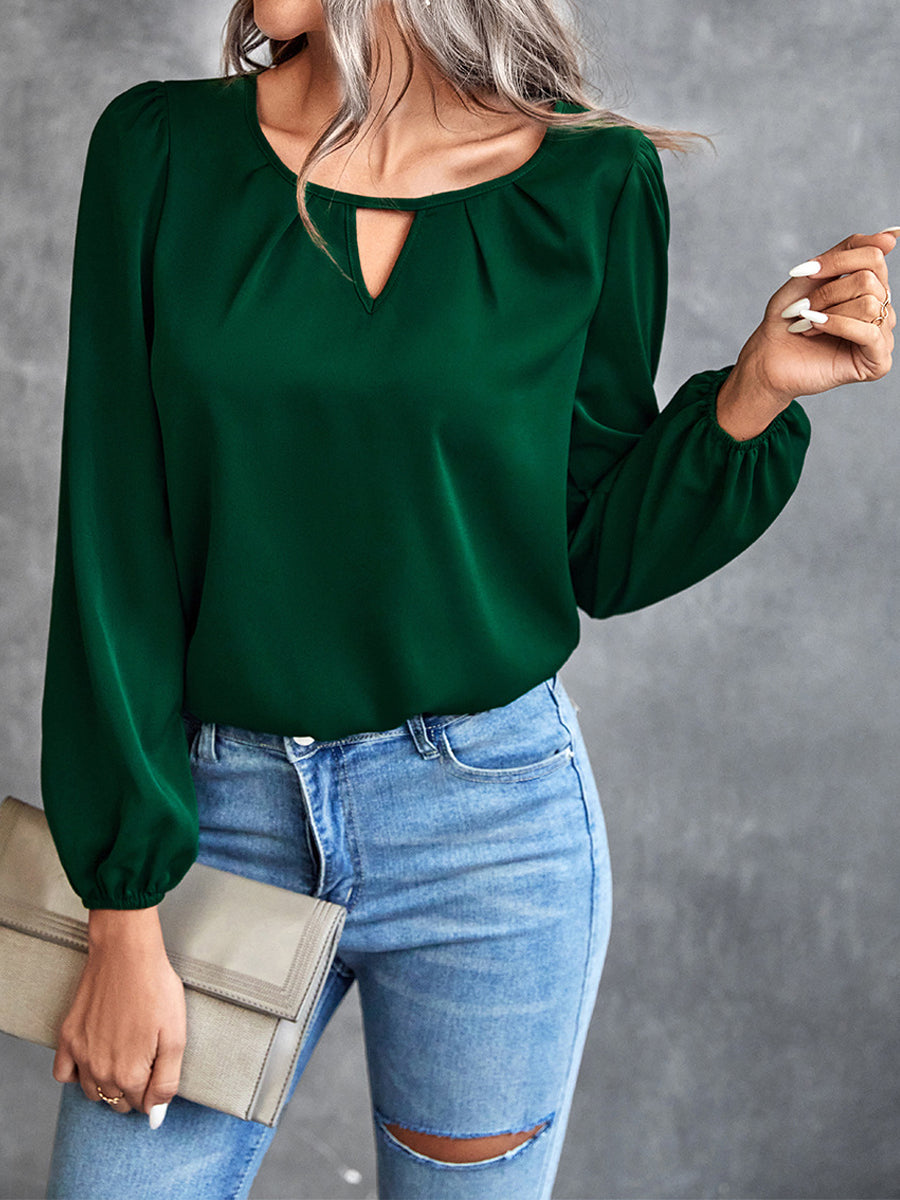 Cozy Casual Panel Solid Color Classic Blouse - Bishop Shirt Closed Scoop Queen Anne Blouse