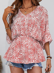 Stylish and Comfortable Loose Print Bat Sleeve V-Neck T-Shirt