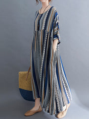 Vintage Stripe Loose Short Sleeve Maxi Dress