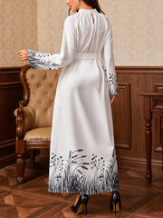 Printed Belt Round Neck Long Sleeve Maxi Dress