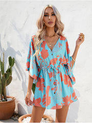V-Neck Leaf Print Five-Point Sleeve Mini Dress
