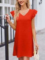 V Neck Puff Sleeve Loose Fashion Mini Dress