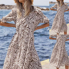 Fashion Stripe print Lapel Half sleeve Maxi Dresses