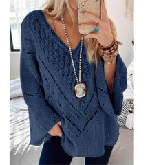 Solid Color Cutout V-Neck Flared Sleeve Knit Sweater