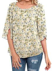 Casual Scoop Neck Loose 3/4 Sleeve Chiffon T-Shirt