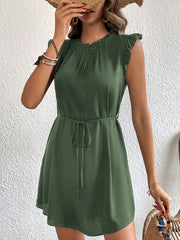 Flying Sleeve Solid Color Tie Mini Dress