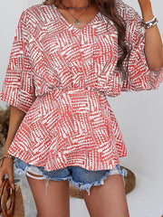 Stylish and Comfortable Loose Print Bat Sleeve V-Neck T-Shirt