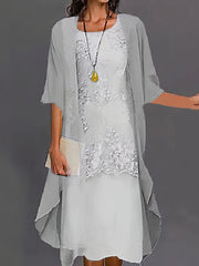 Lace Floral Embroidered Layered Patchwork Crew Neck Elegant Midi Dress