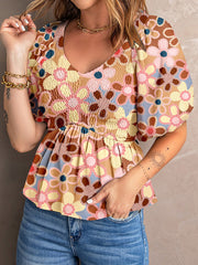 Printed V-Neck Babydoll Blouse