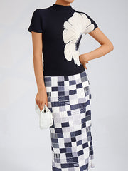 Slim Pleated Elastic Print Commuting All Match Short Sleeved T-Shirt