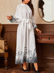 Printed Belt Round Neck Long Sleeve Maxi Dress