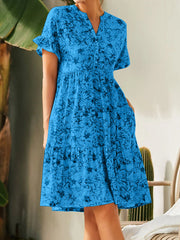 V Neck Button Print Loose Casual Mini Dress