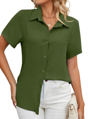 Casual Loose Button Solid Color V Neck Short Sleeved Blouse