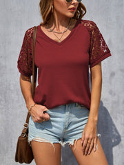 Lace Panel Short Sleeve Round Neck T-Shirt