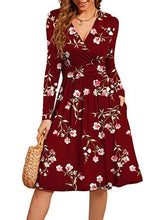 Long Sleeve Casual V-Neck Floral Party Midi Dress