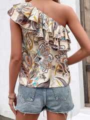 Printed Ruffled One-Shoulder Blouse