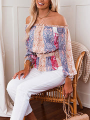 Printed Off-Shoulder Flounce Sleeve Belted Blouse