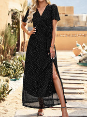 Sequin Surplice Neck Tie Belt Slit Maxi Dress
