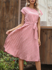 Round Neck Tie Polka Dot Pleated Short Sleeve Midi Dress