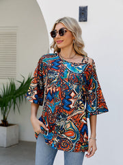 Oblique Shoulder Print Bands Bandage Loose T-Shirt