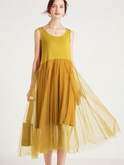 Size Curve Dresses Plus Size Loose Solid Color Sleeveless Stitching Mesh Midi Dress