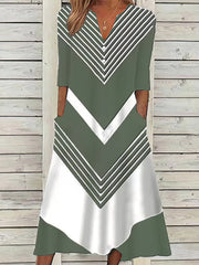 Casual Shift Stripes Half Sleeve Color Block Button V Neck Basic Midi Dress