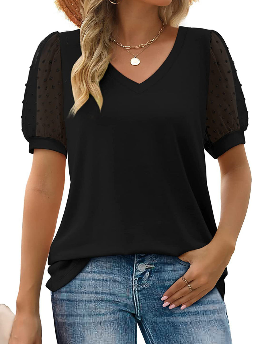 Dot Loose Casual Puff Sleeve V Neck T Shirt