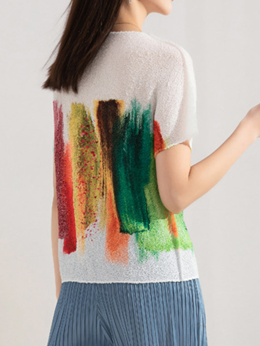 Embroidered Stretch Print Loose T-Shirt