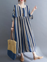 Vintage Stripe Loose Short Sleeve Maxi Dress
