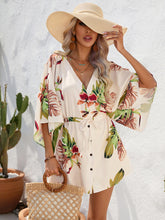 V-Neck Leaf Print Five-Point Sleeve Mini Dress