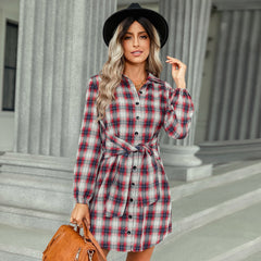 Single Breasted Fashion Plaid Tie Waist Grid Skater Long Sleeve Dresses