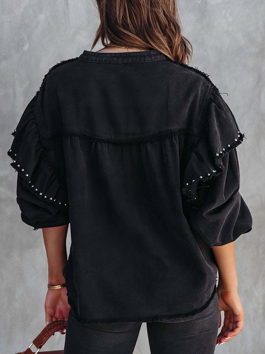 Beaded Button Solid Color Lantern Long Sleeve Coat