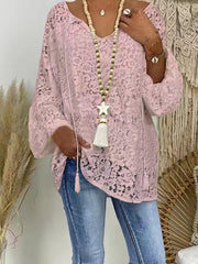 Floral Lace Long Sleeve Daily Vacation Elegant Casual V Neck Blouse