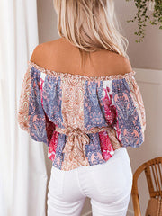 Printed Off-Shoulder Flounce Sleeve Belted Blouse