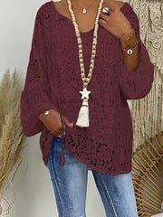 Floral Lace Long Sleeve Daily Vacation Elegant Casual V Neck Blouse