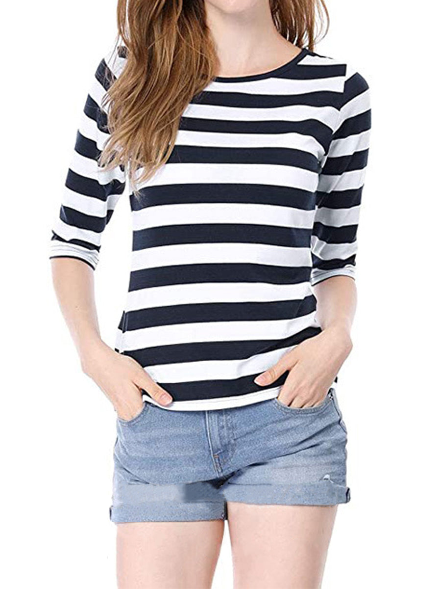 Elbow Sleeves Round Neck Slim Fit Casual Printed T-Shirt