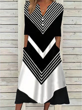 Casual Shift Stripes Half Sleeve Color Block Button V Neck Basic Midi Dress