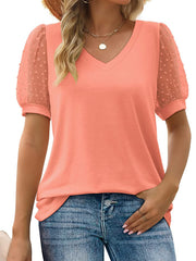 Dot Loose Casual Puff Sleeve V Neck T Shirt