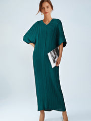 Loose Pleated Commuting Temperament High Waist V-Neck Maxi Dress