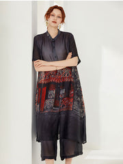 Size Curve Sets Plus Size Casual Round Neck Printed Button Chiffon Two Piece Set