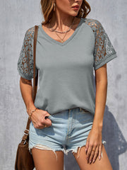 Lace Panel Short Sleeve Round Neck T-Shirt