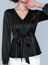 Elegant Peplum Tie Front Short Bell Sleeve V Neck Blouse
